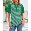 imageBTFBM 2025 Womens Summer Puff Short Sleeve Tops V Neck Casual Button Up Striped Tee Shirts Loose Color Block BlouseGreen