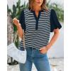 imageBTFBM 2025 Womens Summer Puff Short Sleeve Tops V Neck Casual Button Up Striped Tee Shirts Loose Color Block BlouseNavy