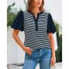 imageBTFBM 2025 Womens Summer Puff Short Sleeve Tops V Neck Casual Button Up Striped Tee Shirts Loose Color Block BlouseNavy