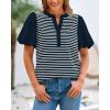 imageBTFBM 2025 Womens Summer Puff Short Sleeve Tops V Neck Casual Button Up Striped Tee Shirts Loose Color Block BlouseNavy