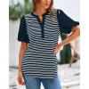 imageBTFBM 2025 Womens Summer Puff Short Sleeve Tops V Neck Casual Button Up Striped Tee Shirts Loose Color Block BlouseNavy