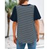 imageBTFBM 2025 Womens Summer Puff Short Sleeve Tops V Neck Casual Button Up Striped Tee Shirts Loose Color Block BlouseNavy