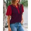 imageBTFBM 2025 Womens Summer Puff Short Sleeve Tops V Neck Casual Button Up Striped Tee Shirts Loose Color Block BlouseRed