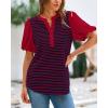 imageBTFBM 2025 Womens Summer Puff Short Sleeve Tops V Neck Casual Button Up Striped Tee Shirts Loose Color Block BlouseRed