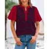 imageBTFBM 2025 Womens Summer Puff Short Sleeve Tops V Neck Casual Button Up Striped Tee Shirts Loose Color Block BlouseRed