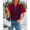 imageBTFBM 2025 Womens Summer Puff Short Sleeve Tops V Neck Casual Button Up Striped Tee Shirts Loose Color Block BlouseRed