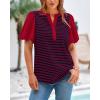 imageBTFBM 2025 Womens Summer Puff Short Sleeve Tops V Neck Casual Button Up Striped Tee Shirts Loose Color Block BlouseRed