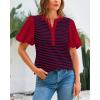 imageBTFBM 2025 Womens Summer Puff Short Sleeve Tops V Neck Casual Button Up Striped Tee Shirts Loose Color Block BlouseRed