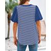 imageBTFBM 2025 Womens Summer Puff Short Sleeve Tops V Neck Casual Button Up Striped Tee Shirts Loose Color Block BlouseRoyal Blue