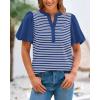 imageBTFBM 2025 Womens Summer Puff Short Sleeve Tops V Neck Casual Button Up Striped Tee Shirts Loose Color Block BlouseRoyal Blue