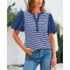 imageBTFBM 2025 Womens Summer Puff Short Sleeve Tops V Neck Casual Button Up Striped Tee Shirts Loose Color Block BlouseRoyal Blue