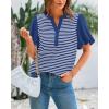 imageBTFBM 2025 Womens Summer Puff Short Sleeve Tops V Neck Casual Button Up Striped Tee Shirts Loose Color Block BlouseRoyal Blue