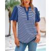 imageBTFBM 2025 Womens Summer Puff Short Sleeve Tops V Neck Casual Button Up Striped Tee Shirts Loose Color Block BlouseRoyal Blue