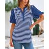 imageBTFBM 2025 Womens Summer Puff Short Sleeve Tops V Neck Casual Button Up Striped Tee Shirts Loose Color Block BlouseRoyal Blue