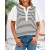 imageBTFBM 2025 Womens Summer Puff Short Sleeve Tops V Neck Casual Button Up Striped Tee Shirts Loose Color Block BlouseWhite