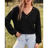 imageBTFBM Women Long Sleeve Shirts Fall Fashion 2025 V Neck Loose Casual Blouse Deco Button Lightweight Waffle Knit PulloverBlack
