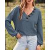 imageBTFBM Women Long Sleeve Shirts Fall Fashion 2025 V Neck Loose Casual Blouse Deco Button Lightweight Waffle Knit PulloverBlue