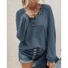 imageBTFBM Women Long Sleeve Shirts Fall Fashion 2025 V Neck Loose Casual Blouse Deco Button Lightweight Waffle Knit PulloverBlue