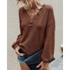 imageBTFBM Women Long Sleeve Shirts Fall Fashion 2025 V Neck Loose Casual Blouse Deco Button Lightweight Waffle Knit PulloverBrown