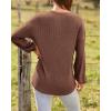 imageBTFBM Women Long Sleeve Shirts Fall Fashion 2025 V Neck Loose Casual Blouse Deco Button Lightweight Waffle Knit PulloverBrown