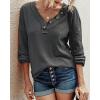 imageBTFBM Women Long Sleeve Shirts Fall Fashion 2025 V Neck Loose Casual Blouse Deco Button Lightweight Waffle Knit PulloverDark Grey