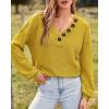 imageBTFBM Women Long Sleeve Shirts Fall Fashion 2025 V Neck Loose Casual Blouse Deco Button Lightweight Waffle Knit PulloverMustard Yellow