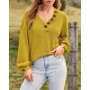 imageBTFBM Women Long Sleeve Shirts Fall Fashion 2025 V Neck Loose Casual Blouse Deco Button Lightweight Waffle Knit PulloverMustard Yellow