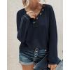 imageBTFBM Women Long Sleeve Shirts Fall Fashion 2025 V Neck Loose Casual Blouse Deco Button Lightweight Waffle Knit PulloverNavy