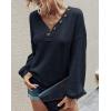 imageBTFBM Women Long Sleeve Shirts Fall Fashion 2025 V Neck Loose Casual Blouse Deco Button Lightweight Waffle Knit PulloverNavy