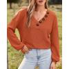 imageBTFBM Women Long Sleeve Shirts Fall Fashion 2025 V Neck Loose Casual Blouse Deco Button Lightweight Waffle Knit PulloverOrange