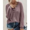 imageBTFBM Women Long Sleeve Shirts Fall Fashion 2025 V Neck Loose Casual Blouse Deco Button Lightweight Waffle Knit PulloverPurple