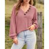 imageBTFBM Women Long Sleeve Shirts Fall Fashion 2025 V Neck Loose Casual Blouse Deco Button Lightweight Waffle Knit PulloverRose Pink