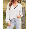 imageBTFBM Women Long Sleeve Shirts Fall Fashion 2025 V Neck Loose Casual Blouse Deco Button Lightweight Waffle Knit PulloverWhite
