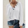 imageBTFBM Women Long Sleeve Shirts Fall Fashion 2025 V Neck Loose Casual Blouse Deco Button Lightweight Waffle Knit PulloverWhite