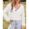 imageBTFBM Women Long Sleeve Shirts Fall Fashion 2025 V Neck Loose Casual Blouse Deco Button Lightweight Waffle Knit PulloverWhite