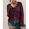 imageBTFBM Women Long Sleeve Shirts Fall Fashion 2025 V Neck Loose Casual Blouse Deco Button Lightweight Waffle Knit PulloverWine Red