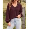 imageBTFBM Women Long Sleeve Shirts Fall Fashion 2025 V Neck Loose Casual Blouse Deco Button Lightweight Waffle Knit PulloverWine Red
