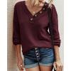 imageBTFBM Women Long Sleeve Shirts Fall Fashion 2025 V Neck Loose Casual Blouse Deco Button Lightweight Waffle Knit PulloverWine Red
