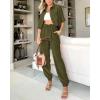 imageBTFBM Womens 2025 Summer 2 Piece Outfits Tracksuit Short Sleeve Cropped Button Down Shirt Long Pant Lounge Matching SetArmy Green