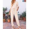 imageBTFBM Womens 2025 Summer 2 Piece Outfits Tracksuit Short Sleeve Cropped Button Down Shirt Long Pant Lounge Matching SetBeige