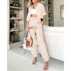 imageBTFBM Womens 2025 Summer 2 Piece Outfits Tracksuit Short Sleeve Cropped Button Down Shirt Long Pant Lounge Matching SetBeige
