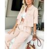 imageBTFBM Womens 2025 Summer 2 Piece Outfits Tracksuit Short Sleeve Cropped Button Down Shirt Long Pant Lounge Matching SetBeige