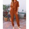 imageBTFBM Womens 2025 Summer 2 Piece Outfits Tracksuit Short Sleeve Cropped Button Down Shirt Long Pant Lounge Matching SetBrick Red