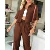 imageBTFBM Womens 2025 Summer 2 Piece Outfits Tracksuit Short Sleeve Cropped Button Down Shirt Long Pant Lounge Matching SetBrown