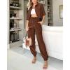 imageBTFBM Womens 2025 Summer 2 Piece Outfits Tracksuit Short Sleeve Cropped Button Down Shirt Long Pant Lounge Matching SetBrown