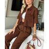 imageBTFBM Womens 2025 Summer 2 Piece Outfits Tracksuit Short Sleeve Cropped Button Down Shirt Long Pant Lounge Matching SetBrown