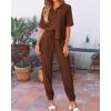 imageBTFBM Womens 2025 Summer 2 Piece Outfits Tracksuit Short Sleeve Cropped Button Down Shirt Long Pant Lounge Matching SetBrown