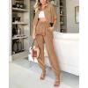 imageBTFBM Womens 2025 Summer 2 Piece Outfits Tracksuit Short Sleeve Cropped Button Down Shirt Long Pant Lounge Matching SetKhaki