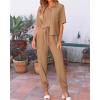 imageBTFBM Womens 2025 Summer 2 Piece Outfits Tracksuit Short Sleeve Cropped Button Down Shirt Long Pant Lounge Matching SetKhaki