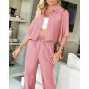 imageBTFBM Womens 2025 Summer 2 Piece Outfits Tracksuit Short Sleeve Cropped Button Down Shirt Long Pant Lounge Matching SetPink